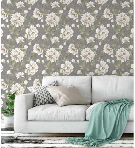 Papel de parede em tons cinza, com desenhos em tons verde, bege e pequenos detalhes amarelos - Dream 15