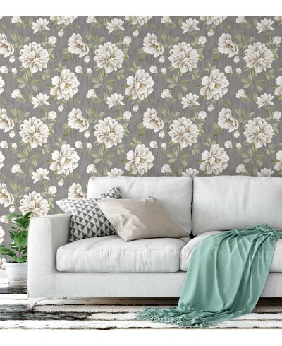 Papel de parede em tons cinza, com desenhos em tons verde, bege e pequenos detalhes amarelos - Dream 15