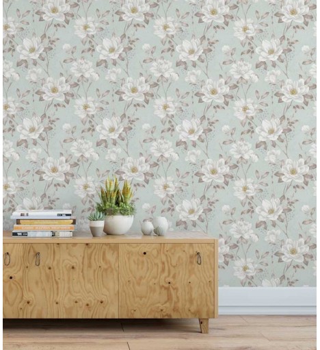 Papel de parede com fundo azul, com folhas e flores em tons cinzas e destalhes em amarelo - Dream 43