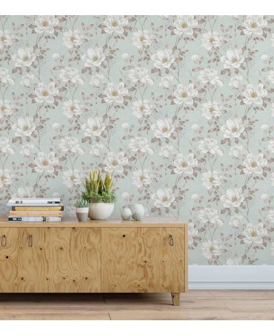 Papel de parede com fundo azul, com folhas e flores em tons cinzas e destalhes em amarelo - Dream 43