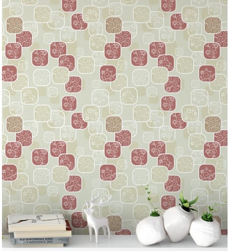 Papel de parede em tons nude com destalhes em tons vermelho, bege e branco - Contemporâneo 07