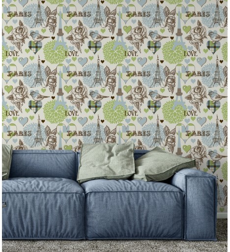 Papel de parede em tons claros, verde limão, azul e detalhes em preto e marrom escuro - Contemporâneo 19