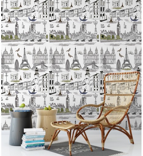 Papel de parede com fundo branco e detalhes em verde e preto - Contemporâneo 21