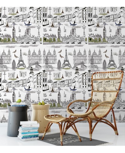 Papel de parede com fundo branco e detalhes em verde e preto - Contemporâneo 21