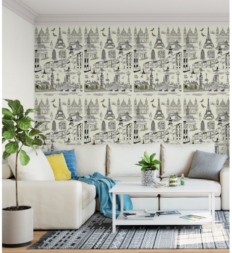 Papel de parede com fundo bege e detalhes em verde e preto - Contemporâneo 22