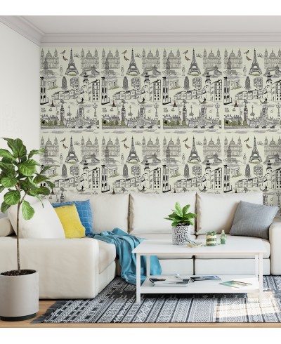 Papel de parede com fundo bege e detalhes em verde e preto - Contemporâneo 22