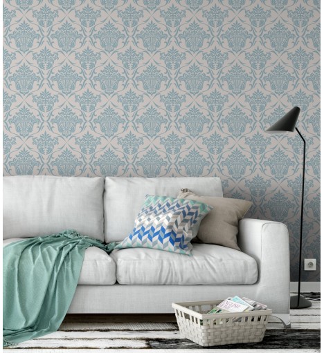 Papel de parede arabesco em tons azul e fundo cinza - Damask 02