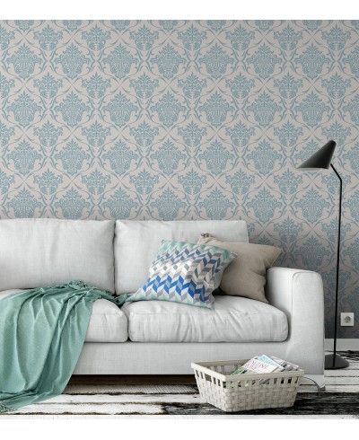 Papel de parede arabesco em tons azul e fundo cinza - Damask 02
