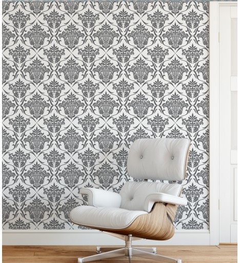 Papel de parede arabesco com fundo branco e detalhes em cinza - Damask 03