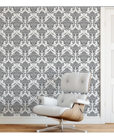 Papel de parede arabesco com fundo branco e detalhes em cinza - Damask 03 Papel de parede arabesco com fundo branco e detalhes em cinza - Damask 03