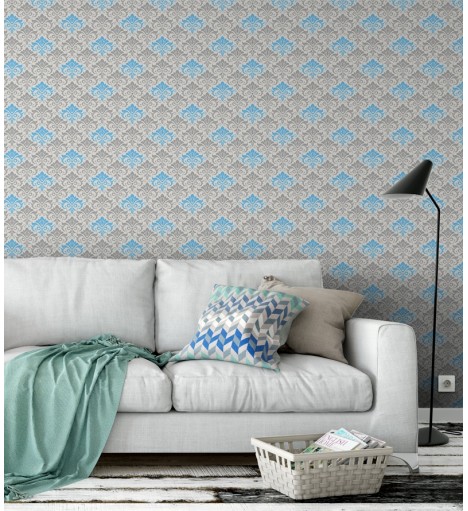Papel de parede arabesco fundo branco com desenhos em tons de cinza e azul claro - Damask 18