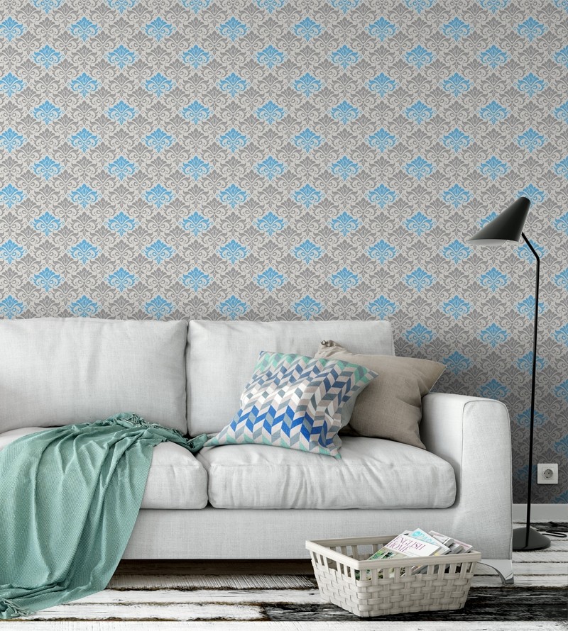 Papel de parede arabesco fundo branco com desenhos em tons de cinza e azul claro - Damask 18