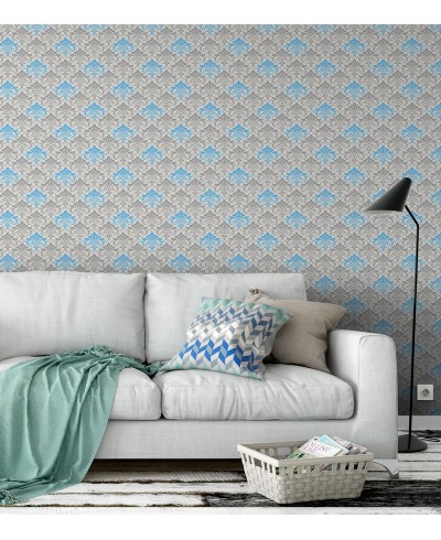 Papel de parede arabesco fundo branco com desenhos em tons de cinza e azul claro - Damask 18 Papel de parede arabesco fundo branco com desenhos em tons de cinza e azul claro - Damask 18