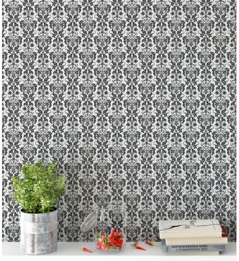 Papel de parede com fundo branco e desenhos preto - Damask 24
