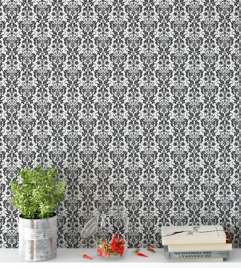 Papel de parede com fundo branco e desenhos preto - Damask 24