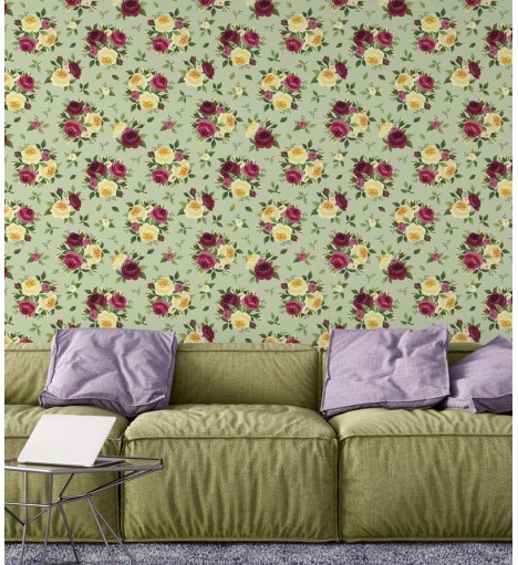 Papel de parede floral vintage fundo verde claro e detalhes em amarelo, vinho e rosa