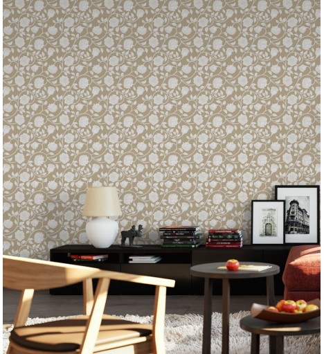 Papel de parede romântico florais brancos e fundo marrom claro