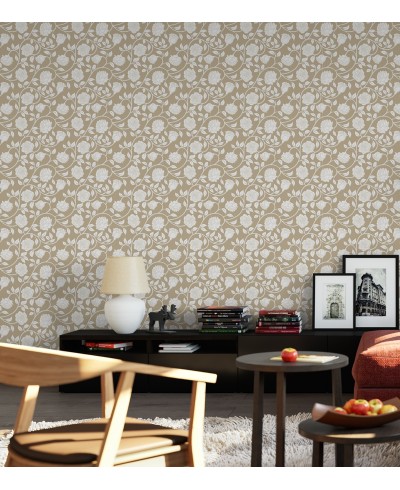 Papel de parede romântico florais brancos e fundo marrom claro Papel de parede romântico florais brancos e fundo marrom claro