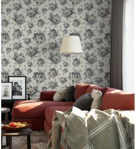 Papel de parede florais cinzas com fundo em branco gelo