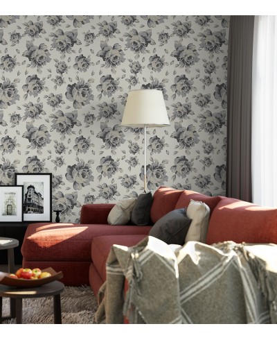 Papel de parede florais cinzas com fundo em branco gelo