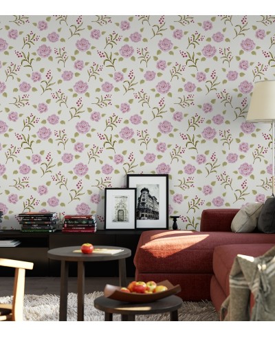 Papel de parede floral vintage com fundo bege claro e desenhos em verde e rosa Papel de parede floral vintage com fundo bege claro e desenhos em verde e rosa