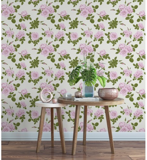 Papel de parede floral romântico fundo branco gelo, com detalhes em verde e rosa