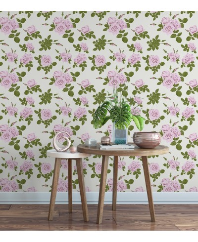 Papel de parede floral romântico fundo branco gelo, com detalhes em verde e rosa