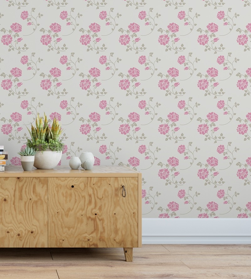 Papel de parede minimalista floral rosa em fundo cinza