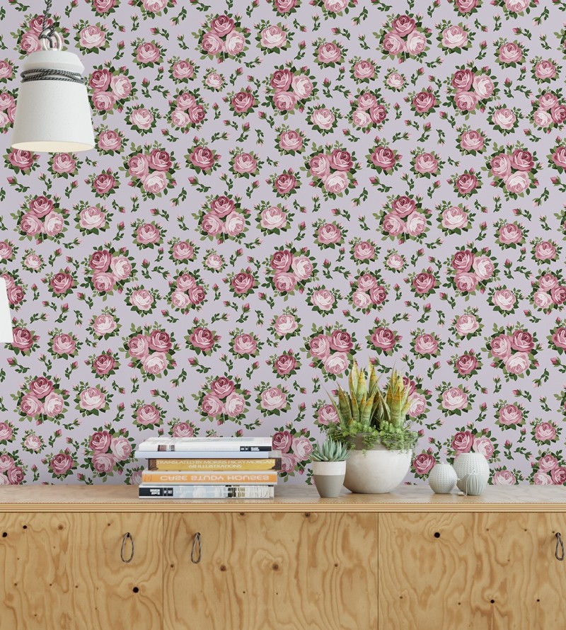 Papel de parede rama de flores na cores rosa e verde com fundo cinza