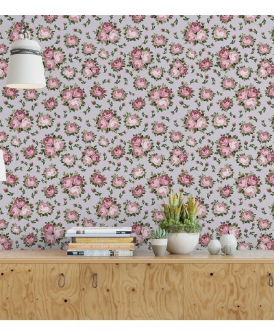 Papel de parede rama de flores na cores rosa e verde com fundo cinza Papel de parede rama de flores na cores rosa e verde com fundo cinza