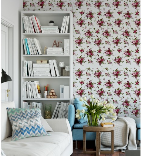 Papel de parede arranjo de flores nas cores verde, vinho, vermelho e rosa com fundo branco