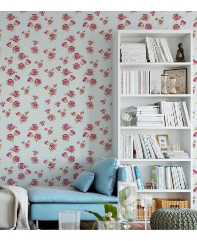 Papel de parede floral romântico vintage com desenhos nas cores verde e rosa com detalhes amarelos e fundo azul acinzentado Papel de parede floral romântico vintage com desenhos nas cores verde e rosa com detalhes amarelos e fundo azul acinzentado