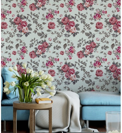 Papel de parede floral romance vermelho, rosa e cinza com fundo azul acinzentado