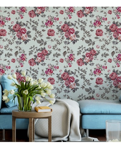 Papel de parede floral romance vermelho, rosa e cinza com fundo azul acinzentado