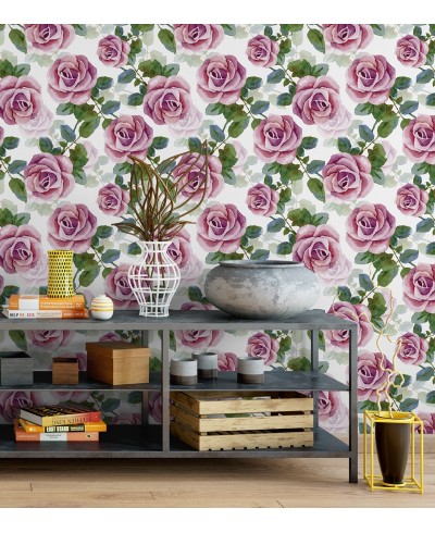 Papel de parede floral outonal rosa e verde e fundo branco Papel de parede floral outonal rosa e verde e fundo branco