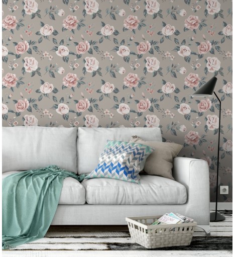 Papel de parede floral romântico rosa e azul fundo em tons cinza chumbo