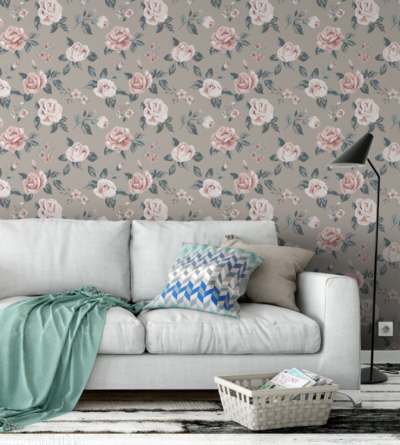 Papel de parede floral romântico rosa e azul fundo em tons cinza chumbo