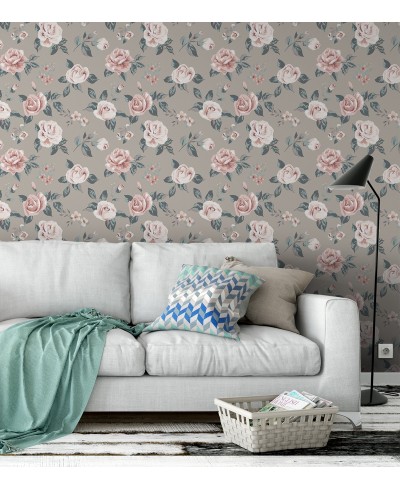 Papel de parede floral romântico rosa e azul fundo em tons cinza chumbo
