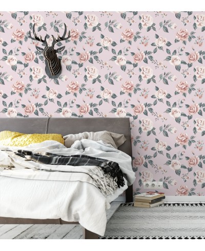 Papel de parede vintage rose floral rosa e azul com fundo rosa claro Papel de parede vintage rose floral rosa e azul com fundo rosa claro