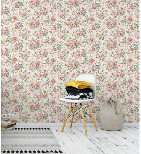 Papel de parede romântico flores na cor laranja, rosa e folhas verdes com fundo branco
