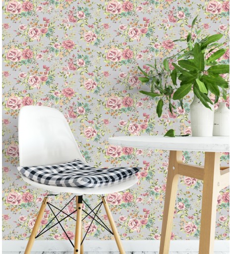Papel de parede floral romântico com flores rosas e folhagem verde musgo fundo cinza