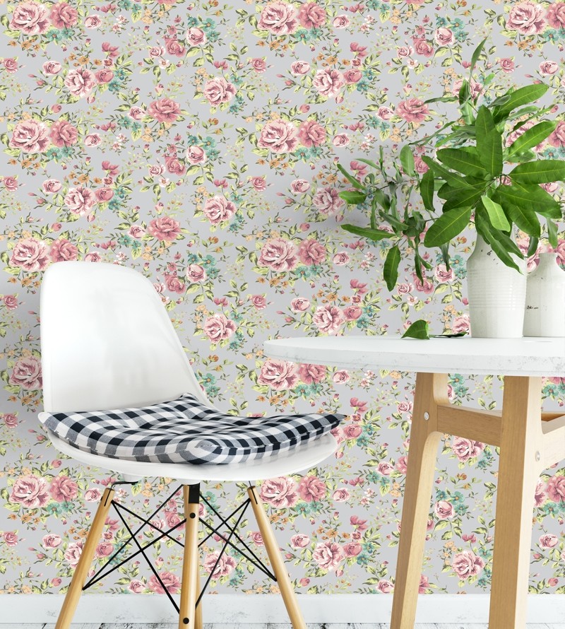 Papel de parede floral romântico com flores rosas e folhagem verde musgo fundo cinza