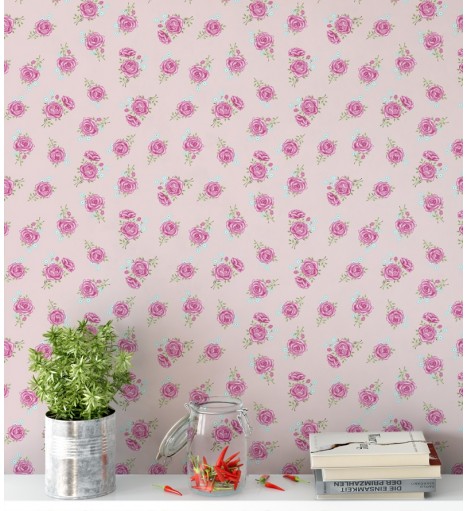 Papel de parede com fundo rosa claro, flores em tons rosa e azul, e folhas em tons verdes - Rose 09