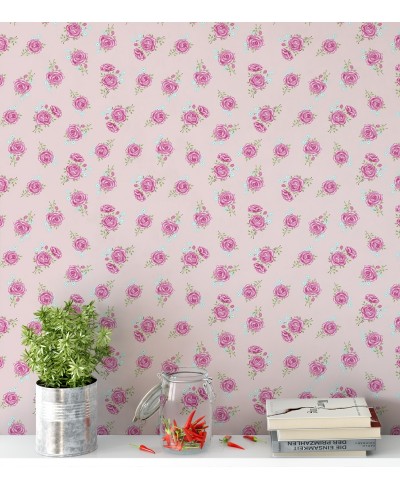 Papel de parede com fundo rosa claro, flores em tons rosa e azul, e folhas em tons verdes - Rose 09