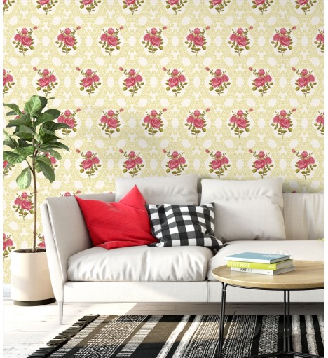 Papel de parede floral romance em rosa com fundo branco e bege