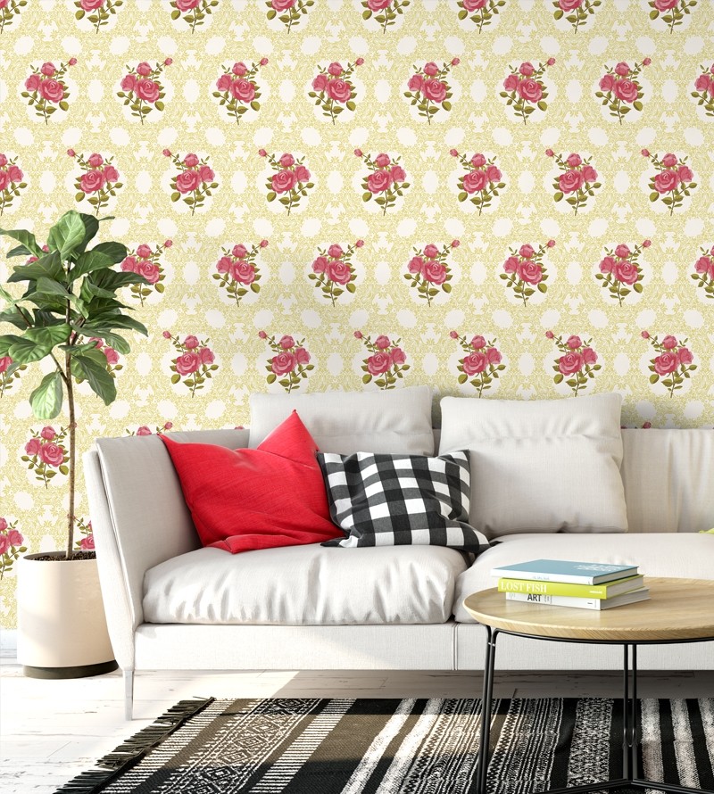 Papel de parede floral romance em rosa com fundo branco e bege