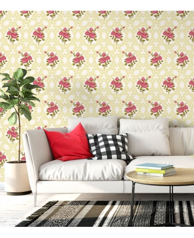 Papel de parede floral romance em rosa com fundo branco e bege