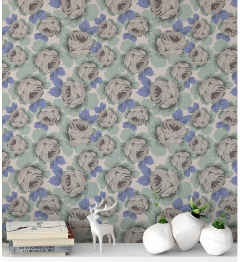 Papel de parede floral azul e verde musgo com fundo cinza