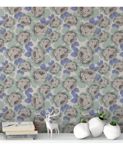 Papel de parede floral azul e verde musgo com fundo cinza Papel de parede floral azul e verde musgo com fundo cinza