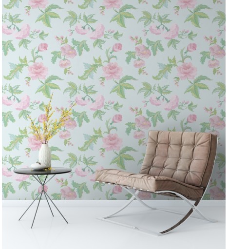 Papel de parede floral vintage verde e rosa com fundo azul